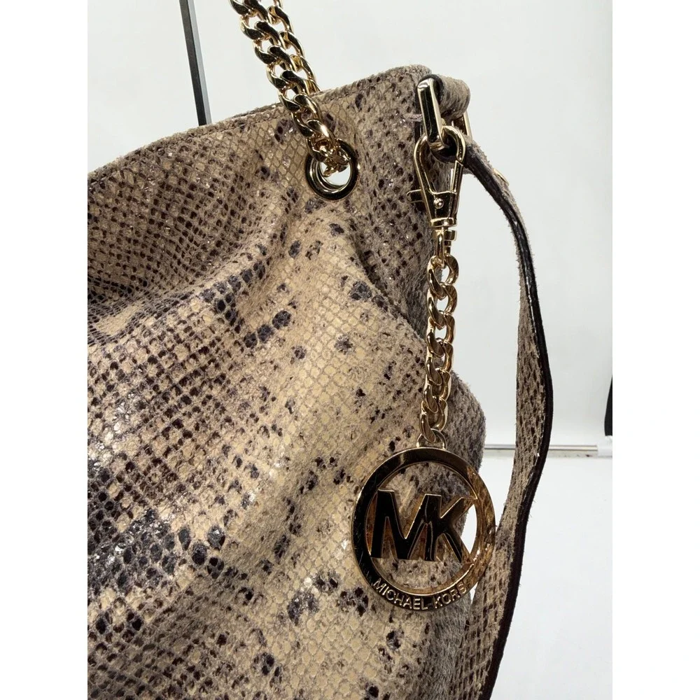Michael Kors Snakeskin Embossed Leather Hobo Bag Brown Gold Hardware Crossbody